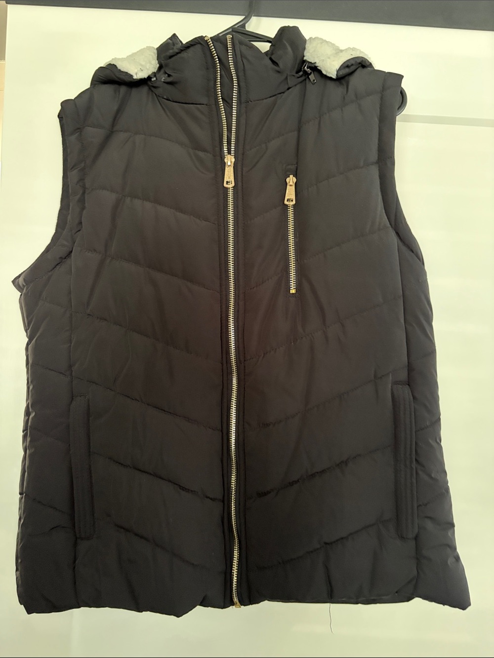Women’s Quilted Black Puffer Vest with Gold Zippers. Size M